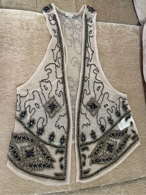 Vintage Ecote Beaded Cream Open-Front Embellished Vest